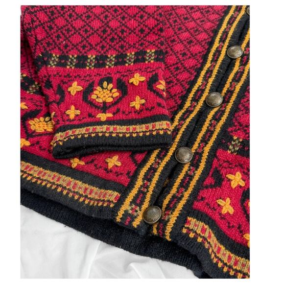 Squaw Valley Scandinavian Wool Knit Cardigan in Red Nordic Floral Fair Isle - Picture 2 of 8
